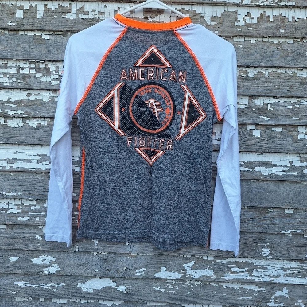🌟 American Fighter Gray and Orange Long Sleeve Tee Size Medium
